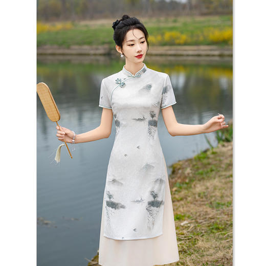 SKY老上海复古民族风改良仿麻奥黛旗袍裙2024夏季新款中老年素雅奥黛 商品图3