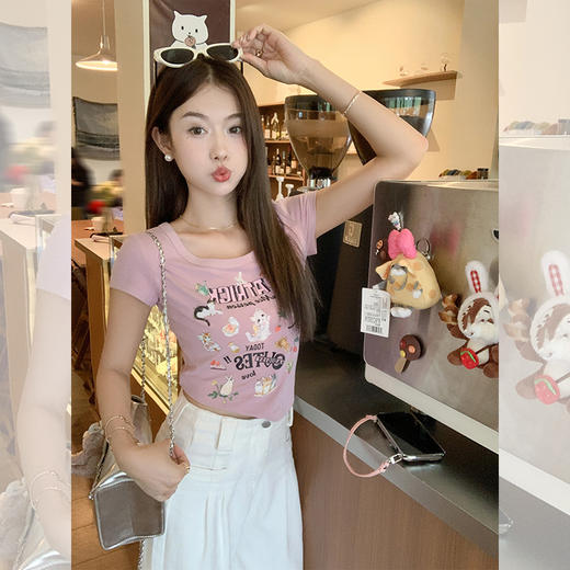 <曾小咸推荐>【人间甜妹】粉色印花短款短袖T恤 商品图3