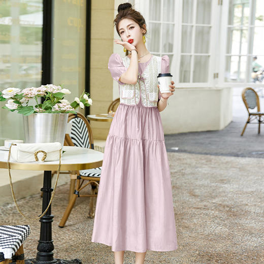 HRWHA6569 2024年夏季上新气质时尚法式优雅收腰显瘦拼接撞色假两件连衣裙 商品图1