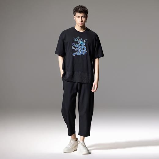 PINLI品立夏季新款龙形刺绣短袖T恤中国风拼接提花宽松男上衣B242111133 商品图4