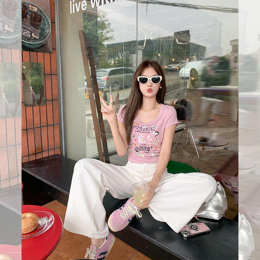 <曾小咸推荐>【人间甜妹】粉色印花短款短袖T恤 商品图1