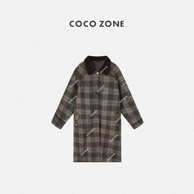 COCO ZONE法式复古格纹灯芯绒翻领中长款毛呢外套23C19845