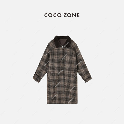 COCO ZONE法式复古格纹灯芯绒翻领中长款毛呢外套23C19845 商品图0