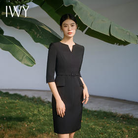 IWY/新款时尚优雅黑色连衣裙女修身V领显瘦西装裙气质女总裁商务小黑裙Q14208