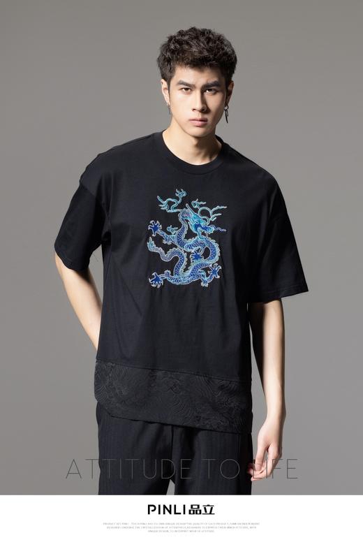 PINLI品立夏季新款龙形刺绣短袖T恤中国风拼接提花宽松男上衣B242111133 商品图0