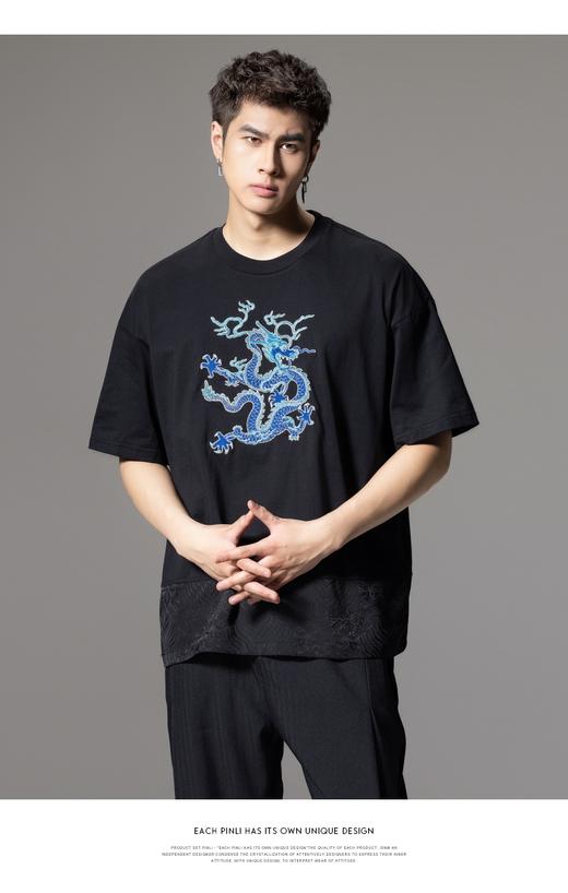 PINLI品立夏季新款龙形刺绣短袖T恤中国风拼接提花宽松男上衣B242111133 商品图7