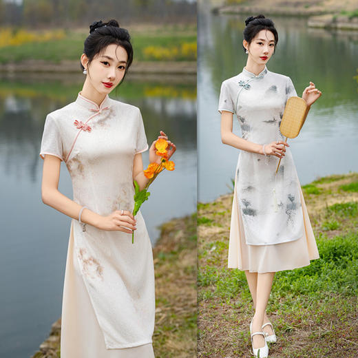 SKY老上海复古民族风改良仿麻奥黛旗袍裙2024夏季新款中老年素雅奥黛 商品图0