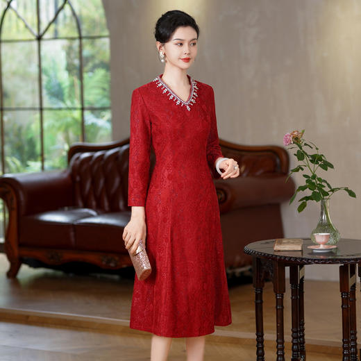 HYX新款蕾丝旗袍旗袍春秋女改良大摆中长订婚宴服装中国风时尚 商品图2