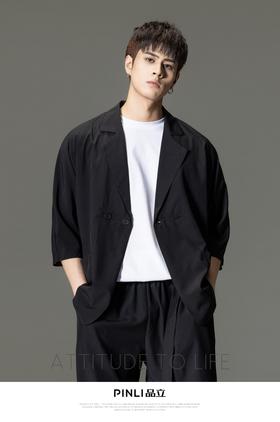 PINLI品立男装夏季薄款宽松七分袖小西装ins西服外套凉感防晒服潮B203106331