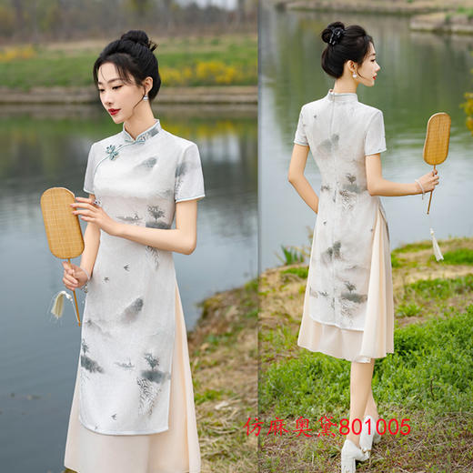 SKY老上海复古民族风改良仿麻奥黛旗袍裙2024夏季新款中老年素雅奥黛 商品图1