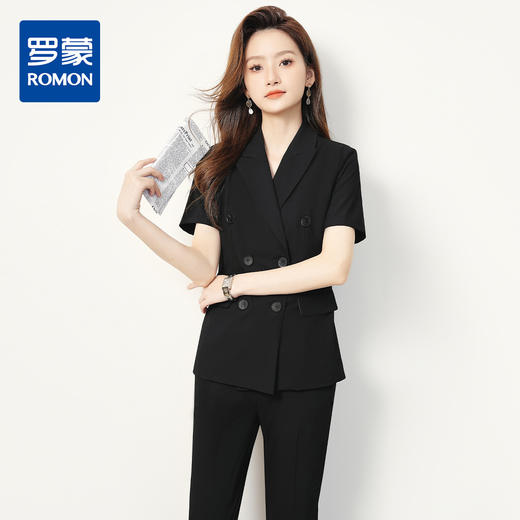 【双排扣短袖西服+长裤】罗蒙夏季女士套装商务时尚百搭两件套女 商品图0