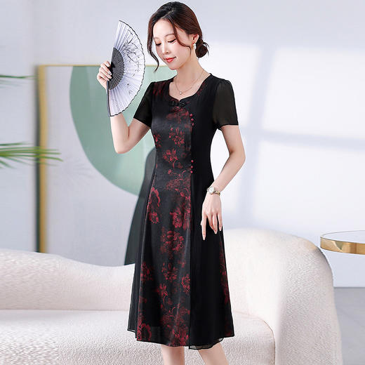 时尚气质中长款，中式印花连衣裙QYM-YM-24H22-Y 商品图1