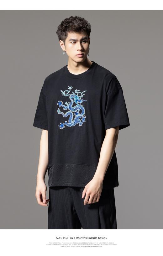 PINLI品立夏季新款龙形刺绣短袖T恤中国风拼接提花宽松男上衣B242111133 商品图8