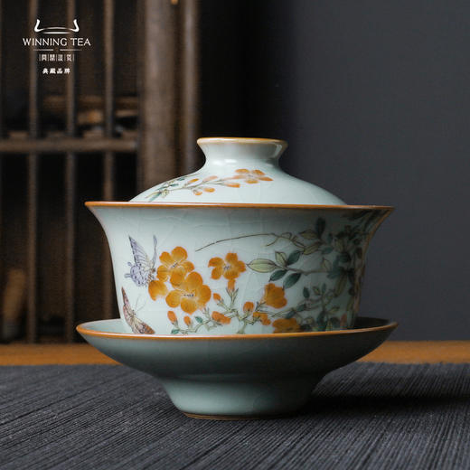 问鼎汝窑澜清盖碗（青绿山水） 三才盖碗 (蝶恋春深)（缺货） 商品图0