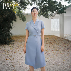 IWY/时尚蓝色职业连衣裙女不规则双排扣通勤主持人上镜装名媛面试正装Q14256