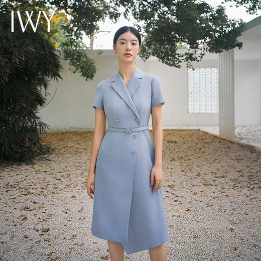 IWY/时尚蓝色职业连衣裙女不规则双排扣通勤主持人上镜装名媛面试正装Q14256 商品图0
