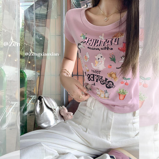 <曾小咸推荐>【人间甜妹】粉色印花短款短袖T恤 商品图0