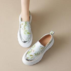 【预售5天】里外全皮松糕跟圆头深口单鞋印花牛皮休闲厚底时尚乐福女鞋AD&123-298