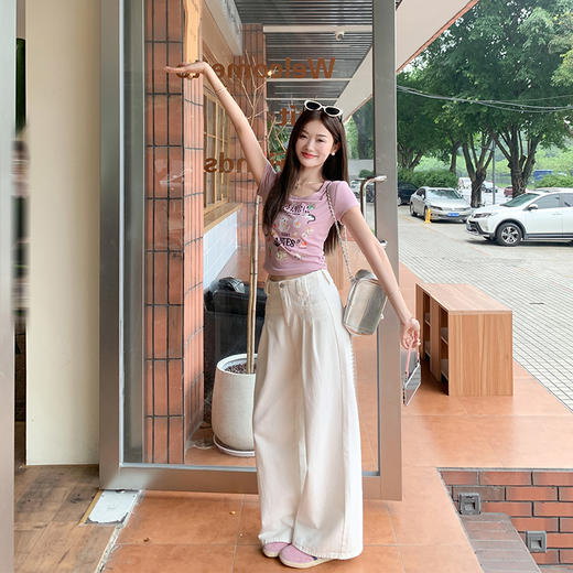 <曾小咸推荐>【人间甜妹】粉色印花短款短袖T恤 商品图2