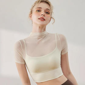 跃牌【禅语梵心】性感网纱瑜伽服短袖带胸垫跑步速干运动文胸DX2585