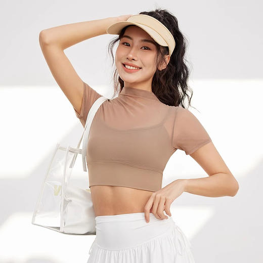 跃牌【禅语梵心】性感网纱瑜伽服短袖带胸垫跑步速干运动文胸DX2585 商品图4