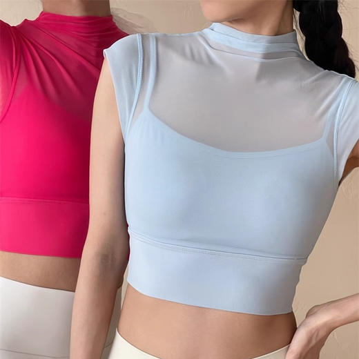 跃牌【禅语梵心】性感网纱瑜伽服飞袖带胸垫跑步速干运动文胸DX2555 商品图3