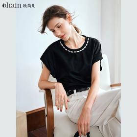 OLrain欧芮儿黑色短袖T恤女夏季2024年新款宽松百搭宽松钉珠上衣