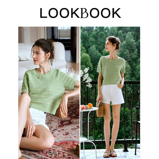 OLrain欧芮儿法式绿色针织衫女夏季2024年新款波浪边短袖套头上衣 商品图4