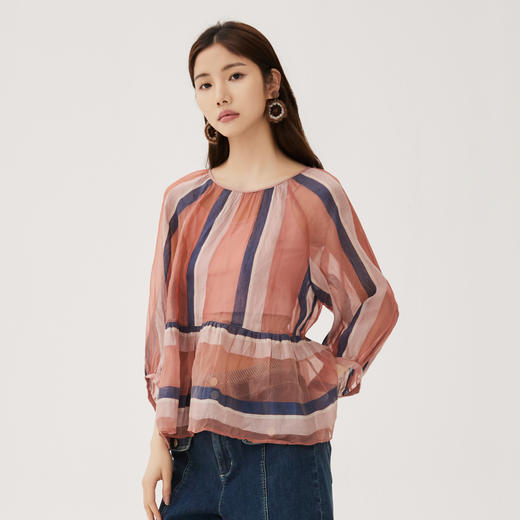 谜底100%桑蚕丝上衣2024秋季新品圆领条纹拼色宽松衬衫243GS1154 商品图1