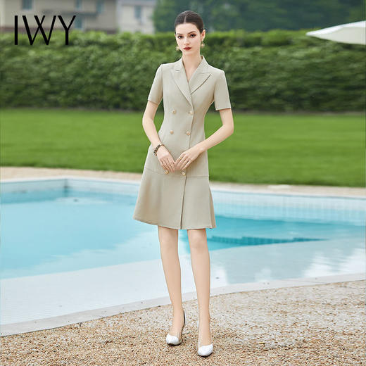 IWY/端庄大气连衣裙女灰杏色西装连身裙双排扣职业工作服短袖西服裙Q1154 商品图4