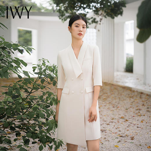 IWY/时尚优雅杏色职业连衣裙七分袖女气质主持人上镜装修身艺考裙Q14207 商品图6