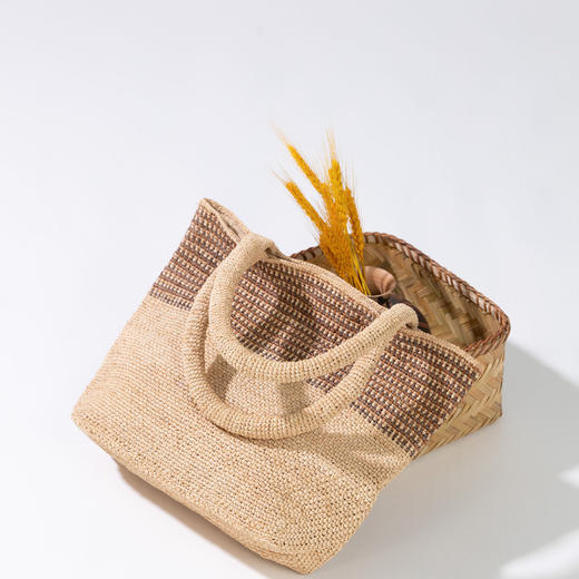 绽放JS059朵/拉菲草纯手工编织拼色肩背手提两用卡其棕色托特包 商品图3