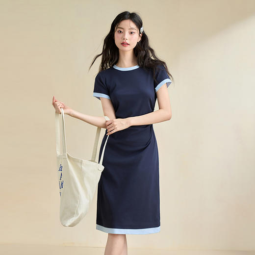 甜美休闲拼接撞色假两件连衣裙女缩褶收腰连衣裙V2742124 商品图0
