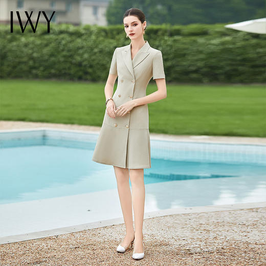IWY/端庄大气连衣裙女灰杏色西装连身裙双排扣职业工作服短袖西服裙Q1154 商品图1