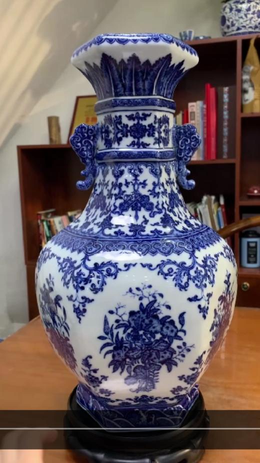 三多花卉开窗重工手绘的六方双耳瓶 商品图0