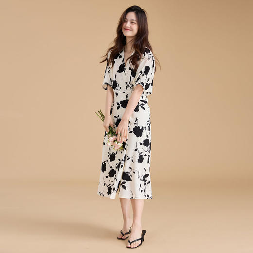 25严选夏国风法式复古黑白印花一片式裹身裙中式优雅连衣裙_HLY 商品图5