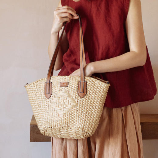 绽放JS010朵/驼色度假感皮质拼接编织手提托特包休闲随性百搭女包 商品图1