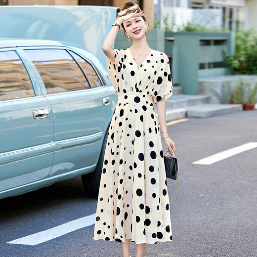 波点法式气质端庄大气，V领海边度假白色仙女长裙HR-XXM163 商品图0
