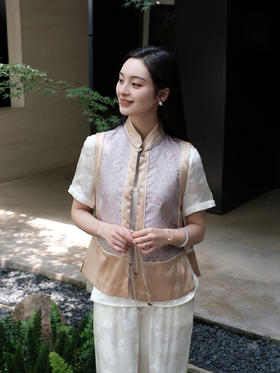 瑕疵|盛唐牡丹 |浅香槟色真丝蝴蝶花纹马甲[特价品]