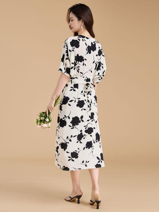 25严选夏国风法式复古黑白印花一片式裹身裙中式优雅连衣裙_HLY 商品图3