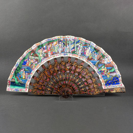 独角鹿西洋古董19世纪中期中国广东十三行出品彩漆描金竹骨「千人面」纸本彩绘古董折扇 商品图0