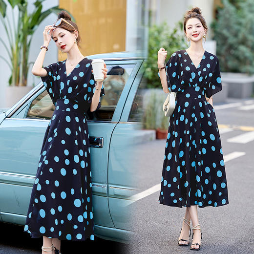 波点法式气质端庄大气，V领海边度假白色仙女长裙HR-XXM163 商品图1