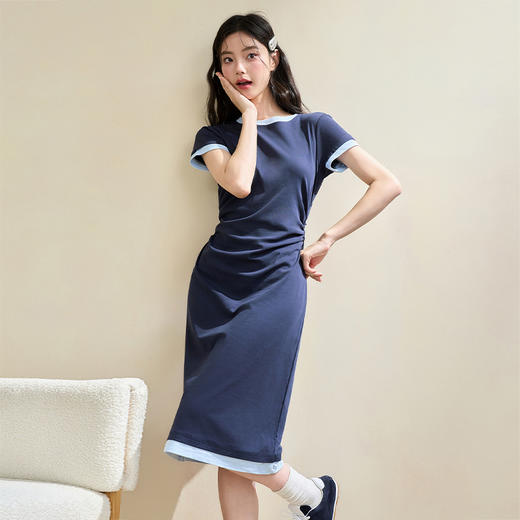 甜美休闲拼接撞色假两件连衣裙女缩褶收腰连衣裙V2742124 商品图3