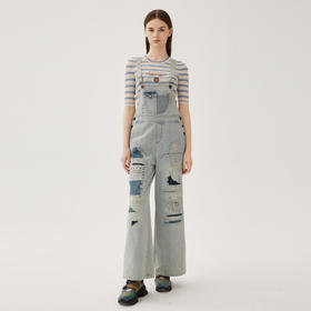 谜底牛仔背带裤女2024秋新品复古风宽松贴布绣直筒长裤243MK1102