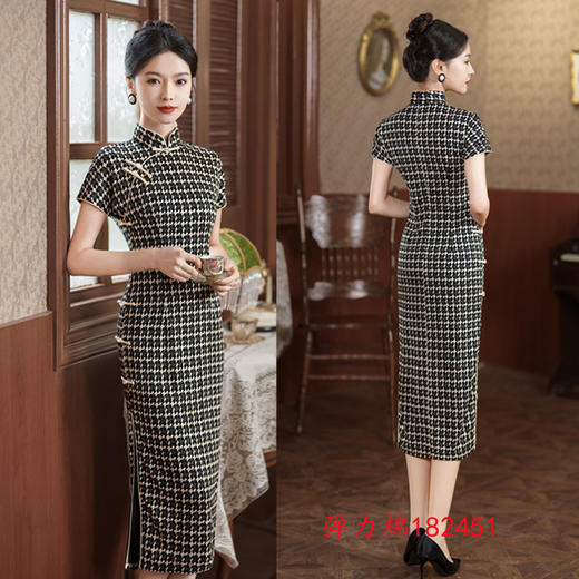 复古国风弹力棉长款格子短袖旗袍2024春夏新款改良中式文艺风旗袍SYK182451 商品图1