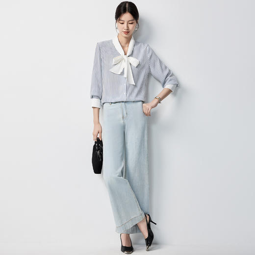 罗蒙春秋蝴蝶结条纹长袖衬衫女士知性优雅通勤百搭衬衣女 商品图4