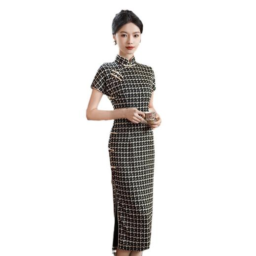 复古国风弹力棉长款格子短袖旗袍2024春夏新款改良中式文艺风旗袍SYK182451 商品图4