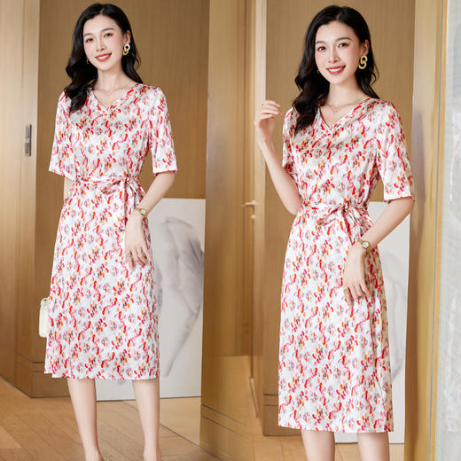高端真丝印花V领气质知性百搭优雅连衣裙LZW-ASE23066 商品图0