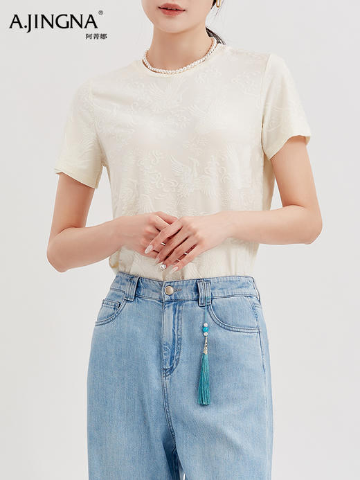 【复古中式】阿菁娜国风提花刺绣圆领百搭T恤F29X302010 商品图4