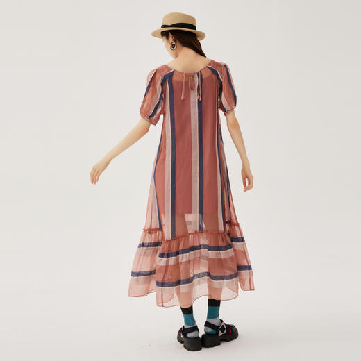 谜底100%桑蚕丝连衣裙2024秋季新品条纹撞色A型长裙短袖243GL1173 商品图2